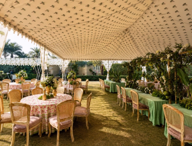 Open air garden ceremony under sun shades