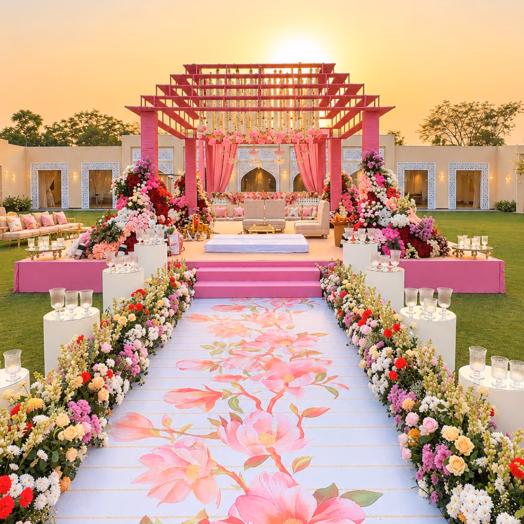 Outdoor daytime luxury wedding banquet with tasseled umbrellas, floral centerpieces and Chiavari chairs